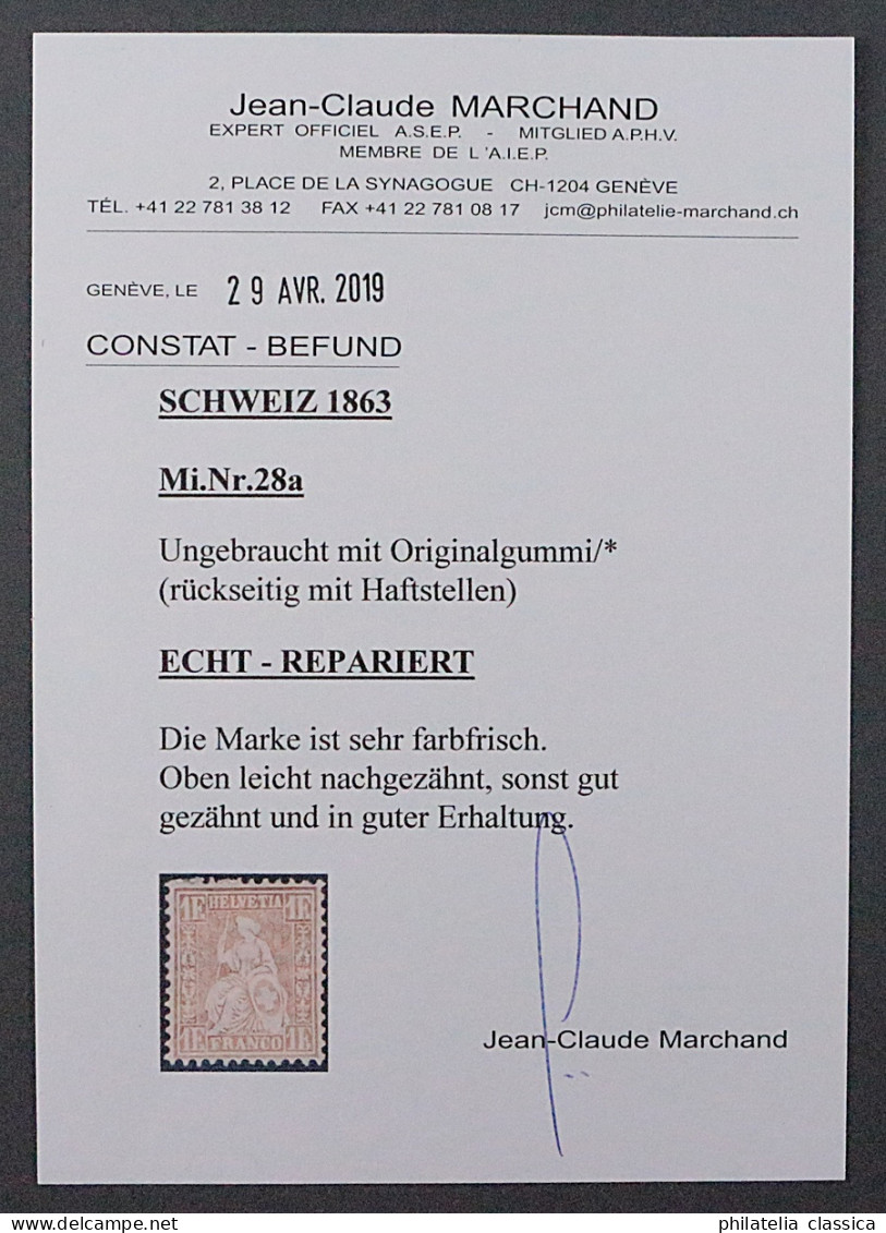 SCHWEIZ 28 A (SBK 36 A), 1 Fr. Unterdruck Rötlich, Originalgummi Geprüft 1400,-€ - Neufs