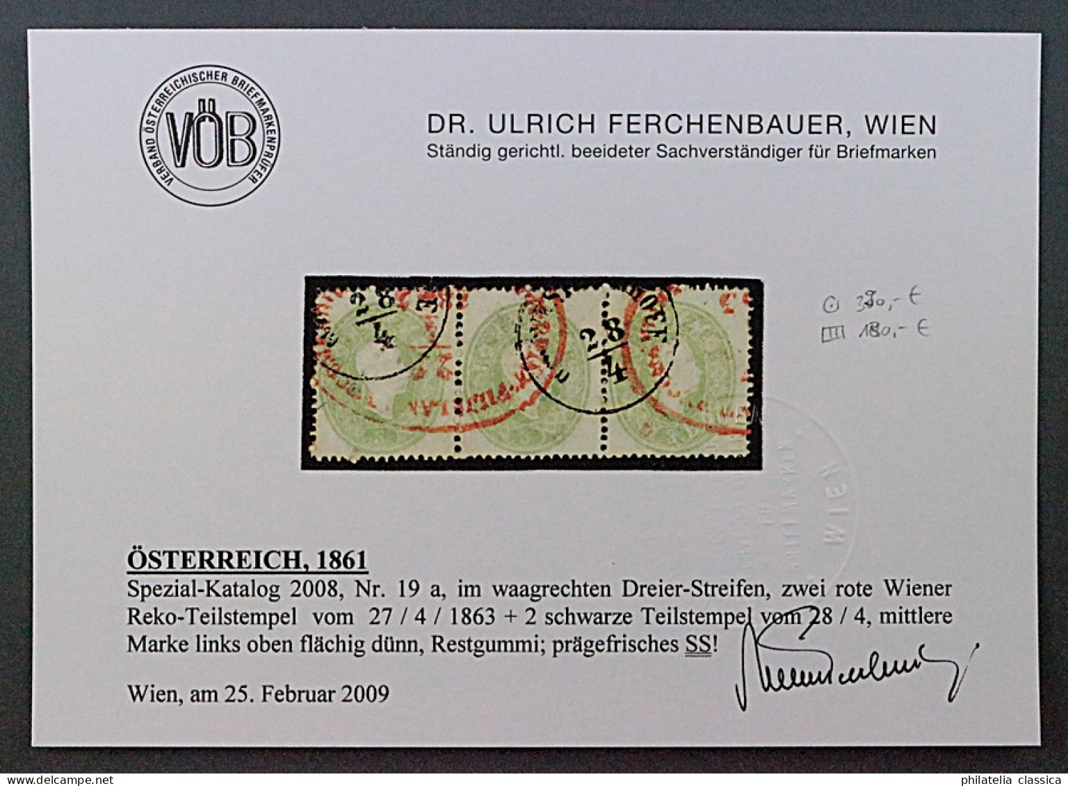1861, ÖSTERREICH 19 DREIERSTREIFEN Stempel ROT + Schwarz, SELTEN, Geprüft 570,-€ - Used Stamps