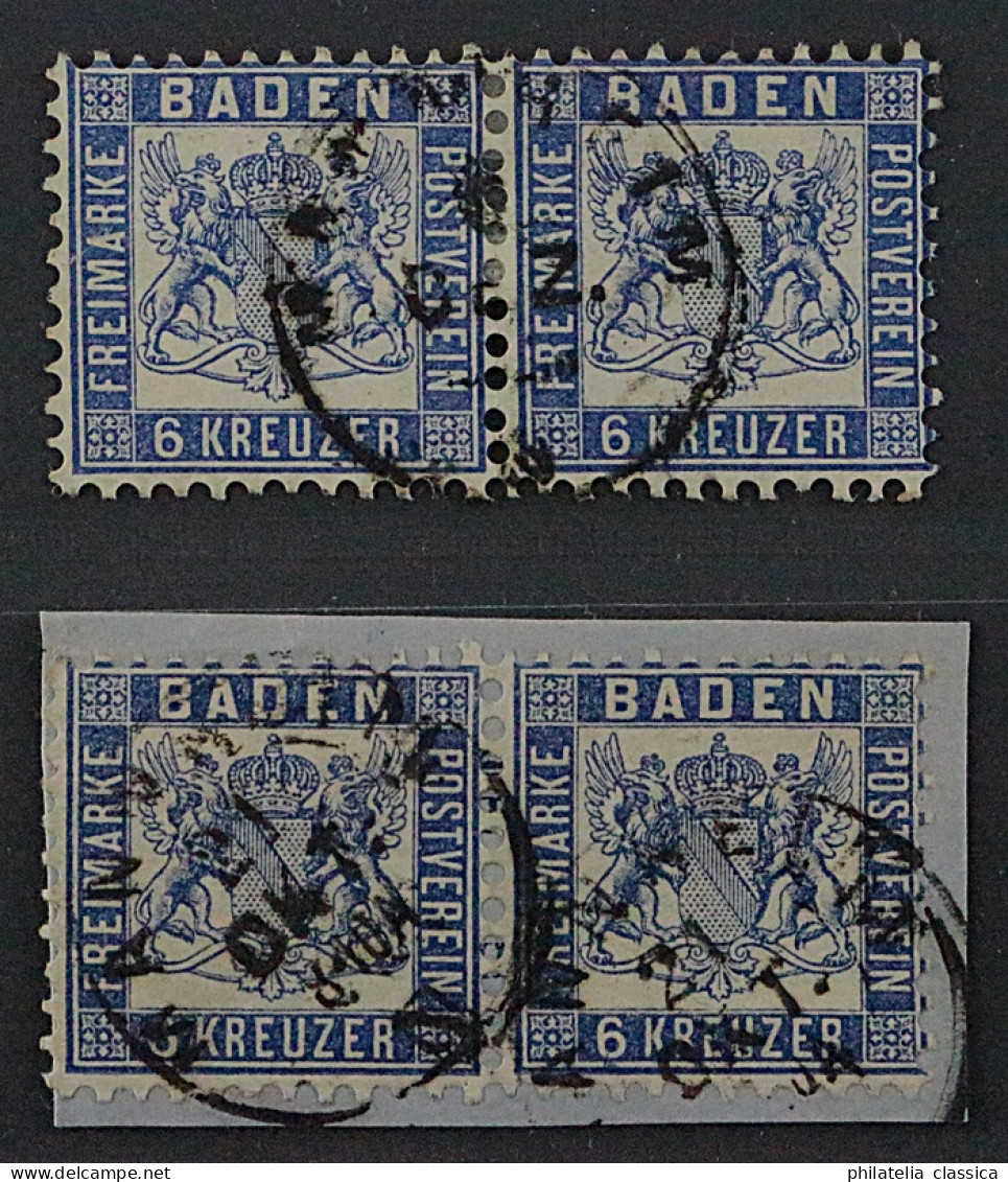 BADEN 19 A, Zwei 6 Kr.-PAARE, Interessante Farbtöne, Kabinetterhaltung, 200,-€++ - Oblitérés
