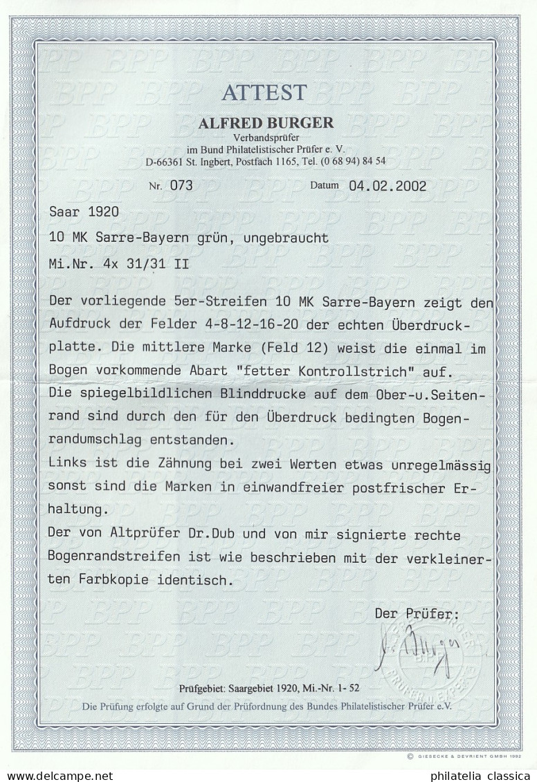 SAARGEBIET 31 II ** Bayern 10 Mk. ABART Postfrisch, Selten, Fotoattest 1000,-€ - Unused Stamps