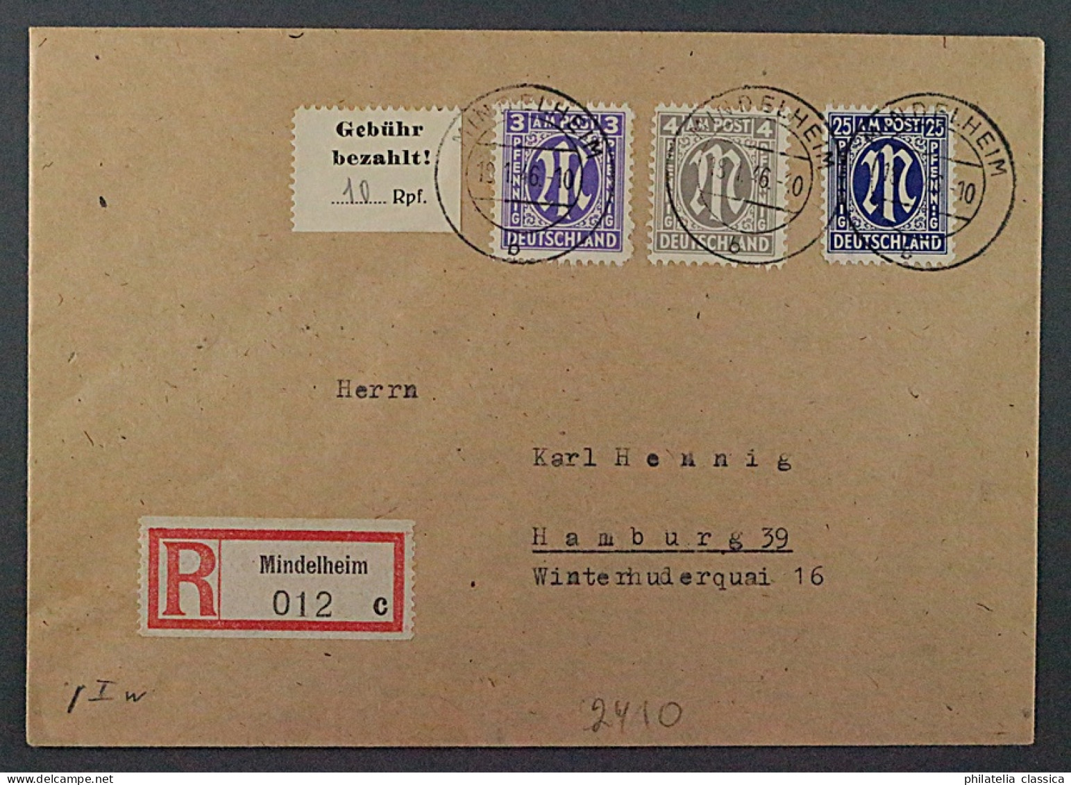 1945, Lokalausgabe MINDELHEIM 1 I, Satzfehler: Gotisches E, R-Brief, 500,-€ - Cartas & Documentos