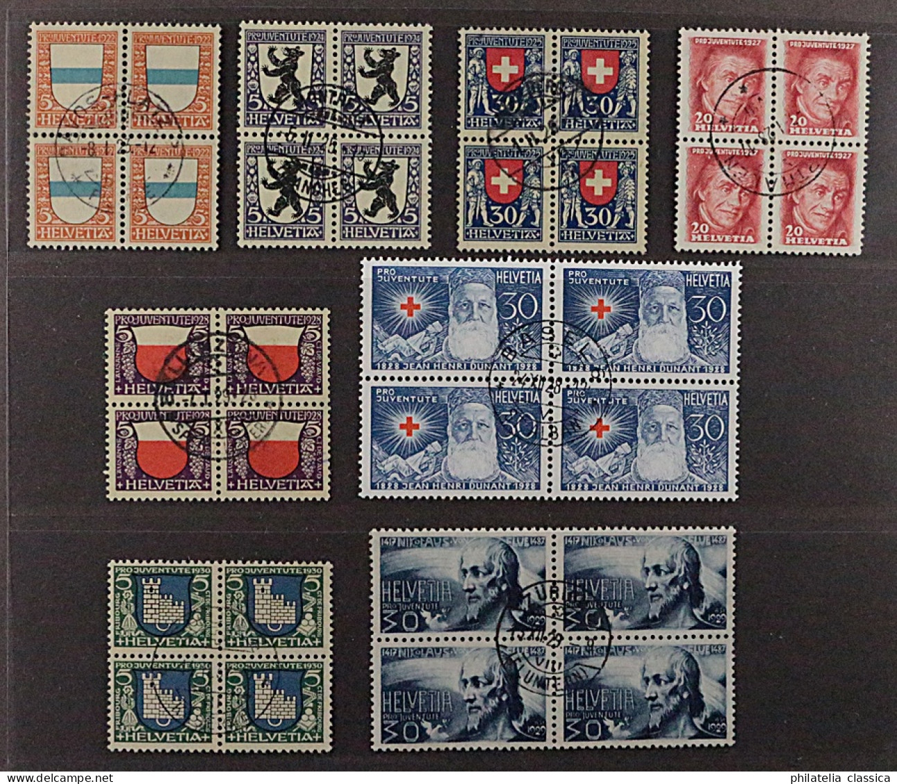 SCHWEIZ VIERERBLOCKS Juventute Ex 1922/30 (SBK J21-53) ZentrumStempel, 385,-SFr. - Used Stamps