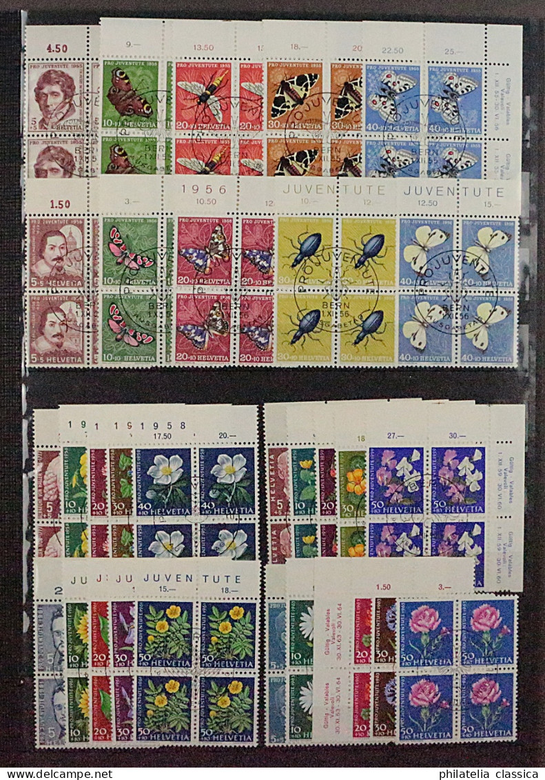 SCHWEIZ, 6 Gute VIERERBLOCK-Sätze Juventute 1955-63 ZentrumStempel, KW 330,-SFr. - Used Stamps