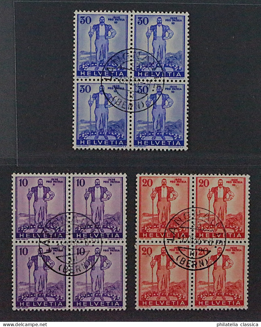 SCHWEIZ 294-96 Viererblock (SBK W2-4), Patria 1936, Zentrum-Stempel, 260,- SFr - Used Stamps