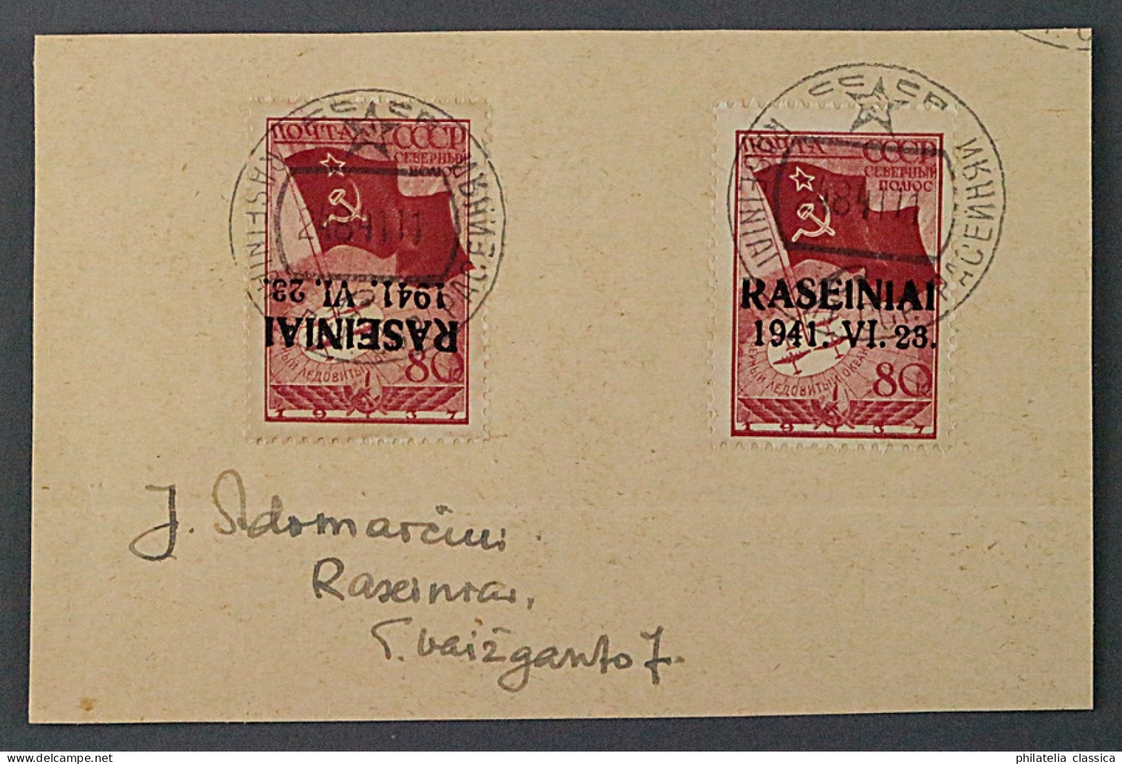 RASEINIAI 8+8 K, 80 K. Aufdruck KOPFSTEHEND, Briefstück Mit Fotoattest, 4600,-€ - Besetzungen 1938-45