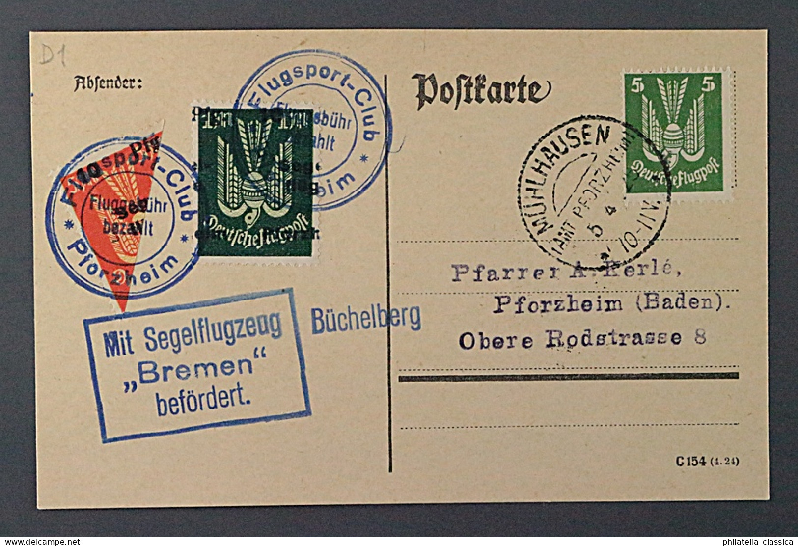 Flugmarke 14 A, Büchelberg 5 Mk. HALBIERUNG+FEHLDRUCK Auf Karte *BREMEN*, SELTEN - Nooduitgaven Britse Zone