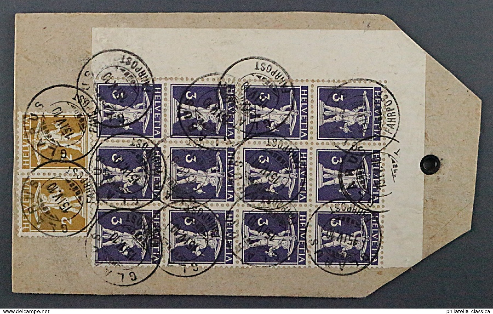 1909, SCHWEIZ 112 I, Tellk 3 Rp. Type I, ZWÖLFERBLOCK Auf Kofferanhänger, 270,-€ - Cartas & Documentos