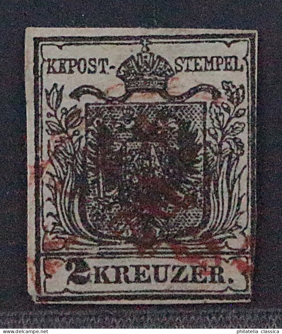 1850 Österreich  2 X,  2 Kr. Handpapier, ROTER STEMPEL, Attest BPP, KW 1500,- € - Oblitérés