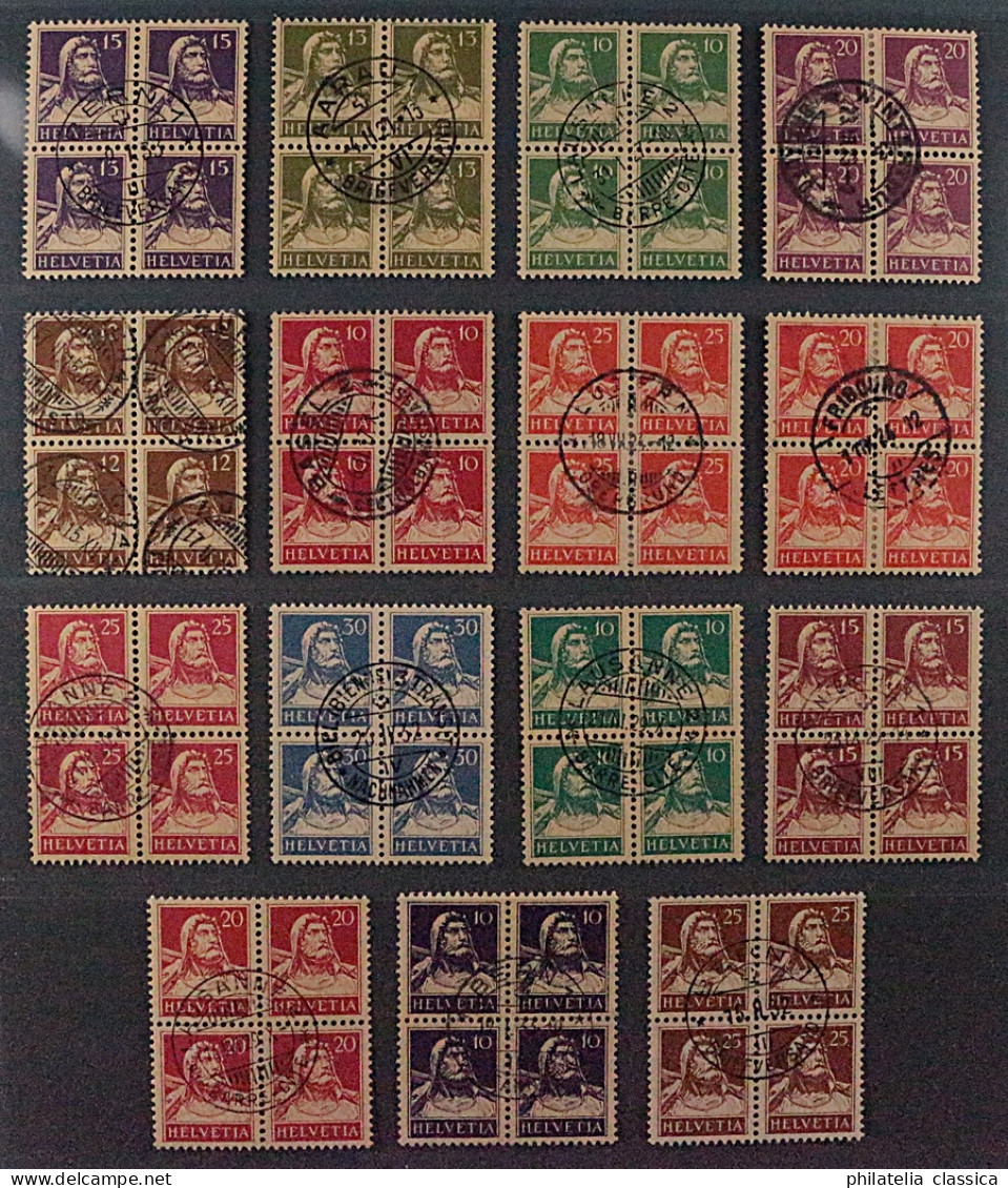 SCHWEIZ, Tell 15 Versch. Hochwertige VIERERBLOCKS, Zentrum-Stempel, 1316,-SFr - Used Stamps