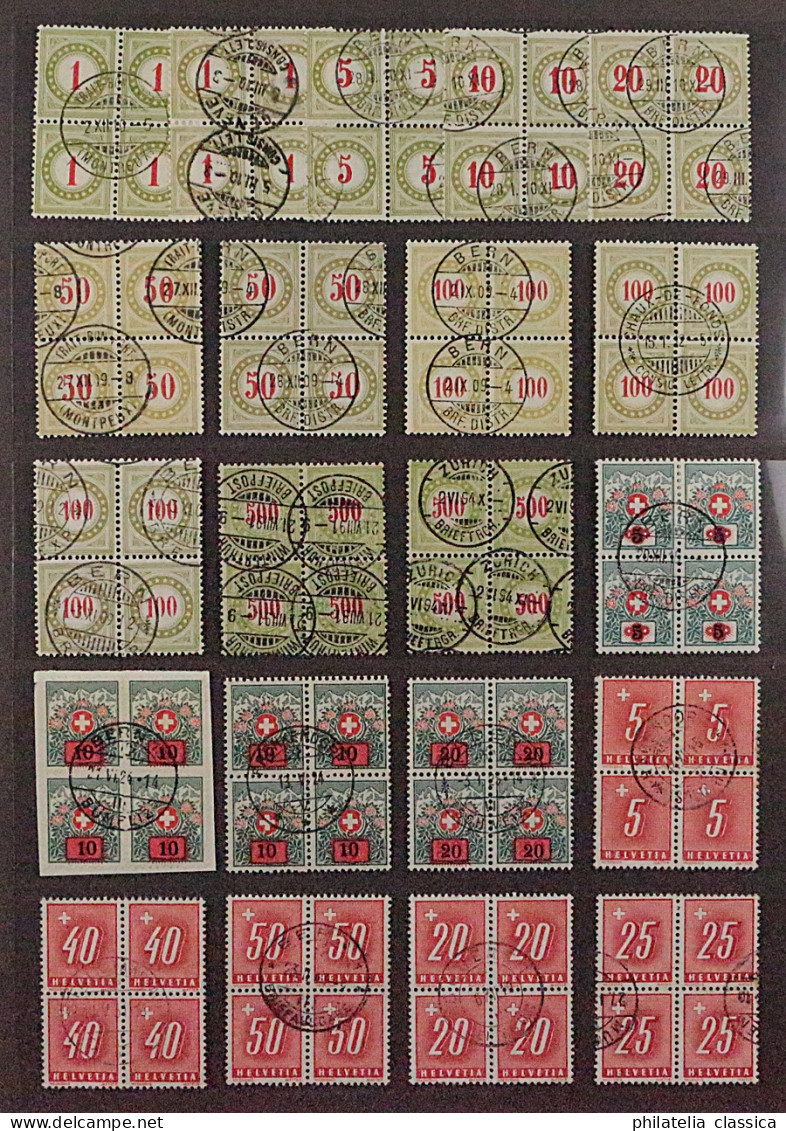 SCHWEIZ PORTOMARKEN, 21 Hochwertige VIERERBLOCKS Oft Zentrum-Stempel, 564,-SFr.+ - Strafportzegels
