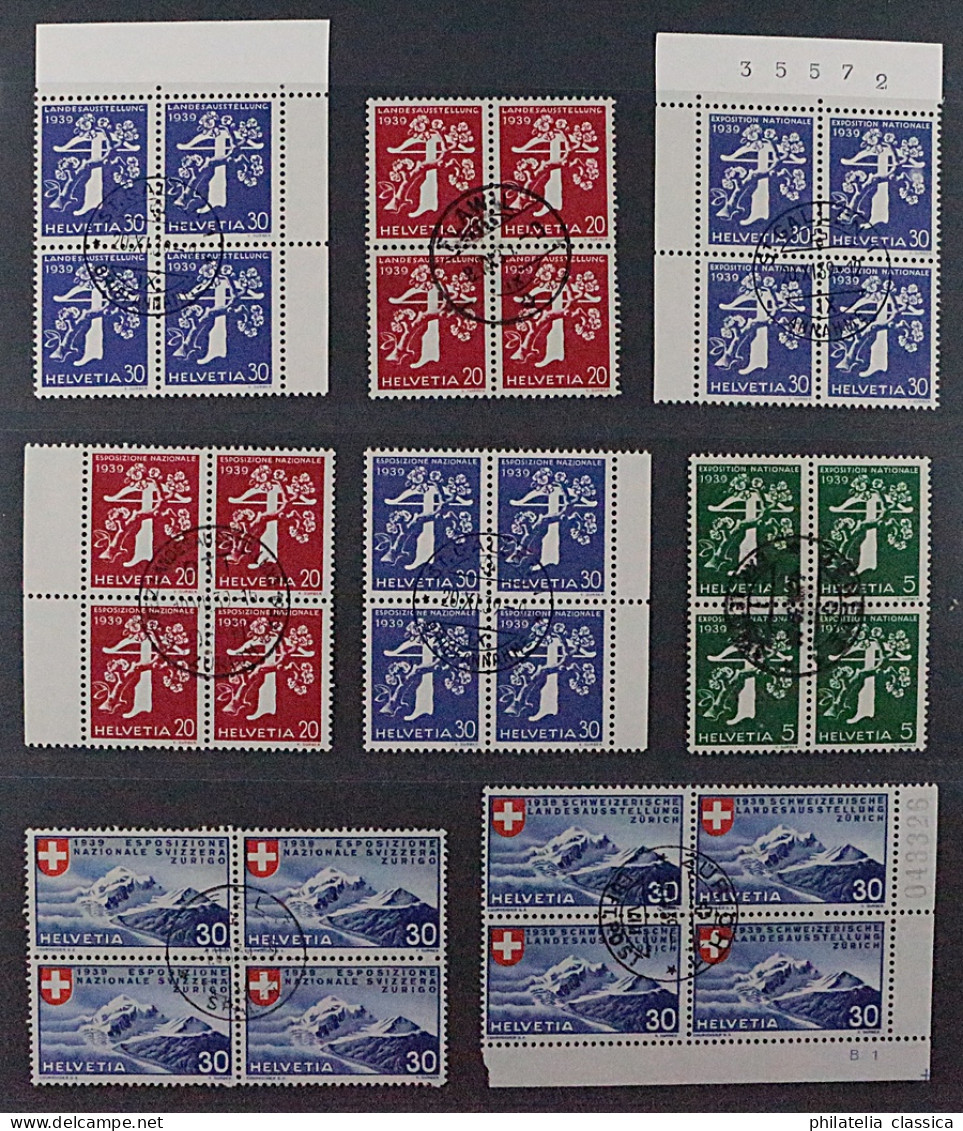 1939, SCHWEIZ, 8 Hochwertige Viererblocks (SBK 221-39) ZentrumStempel, 520,-€ - Used Stamps