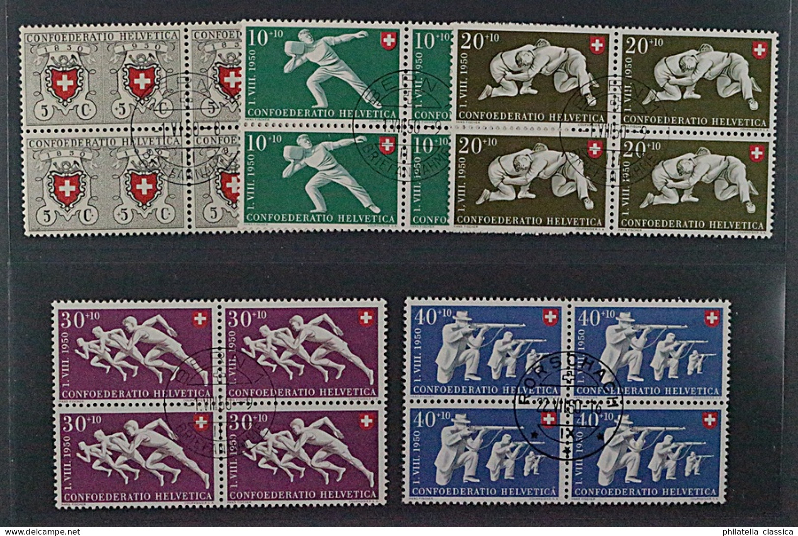SCHWEIZ, 545-49 VIERERBLOCK Patria 1950 (SBK B46-50) Zentrum-Stempel, 300,-SFr - Used Stamps