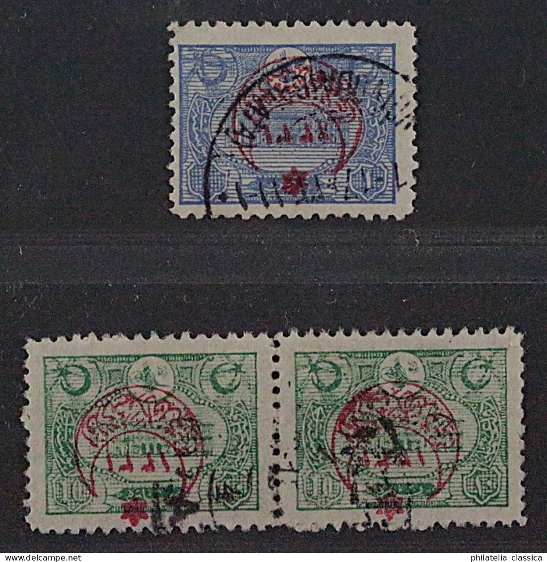 1915, TÜRKEI 345-46 K, 10 Pa. PAAR + 1 Pia. Hauptpost, Aufdruck KOPFSTEHEND - Used Stamps