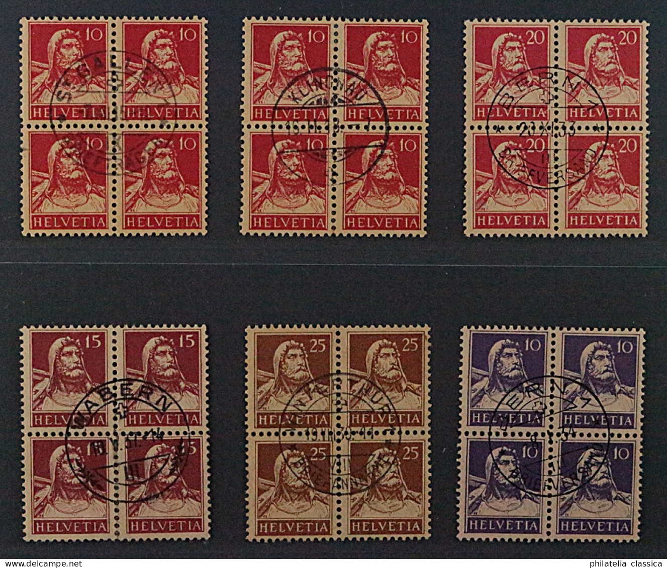 SCHWEIZ 6 Hochwertige Tell-VIERERBLÖCKE Ex 126-184z ZentrumStempel, 2150,- SFr. - Used Stamps