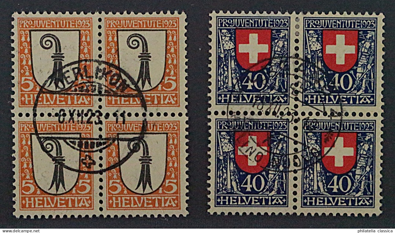 1923, SCHWEIZ Juventute Viererblocks 185+188, Zentrisch Gestempelt, 380,- SFr. - Usados