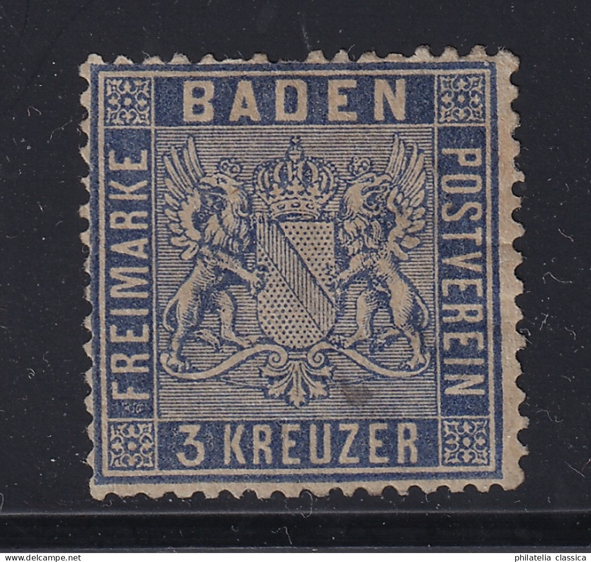 BADEN  10 C,  3 Kr. Veilchenblau, Seltene Farbe, Originalgummi, Geprüft 550,-€ - Mint