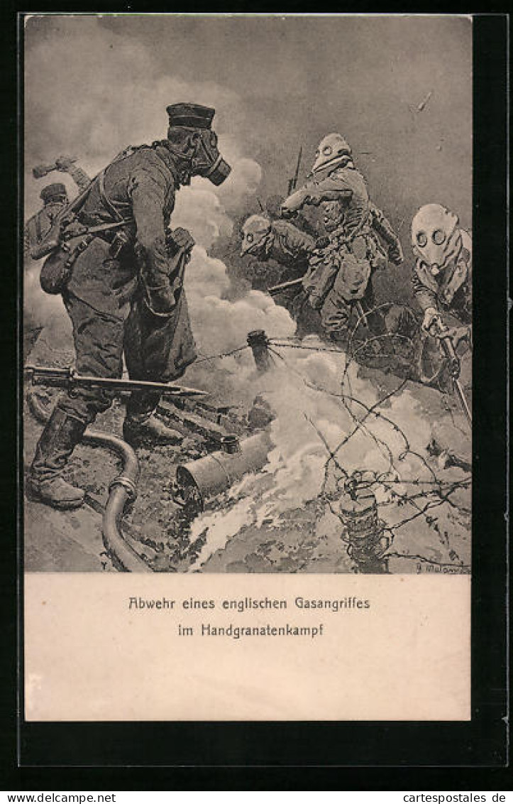 AK Abwehr Eines Englischen Gasangriffes Im Handgranatenkampf, Soldaten Mit Gasmasken  - Guerre 1914-18