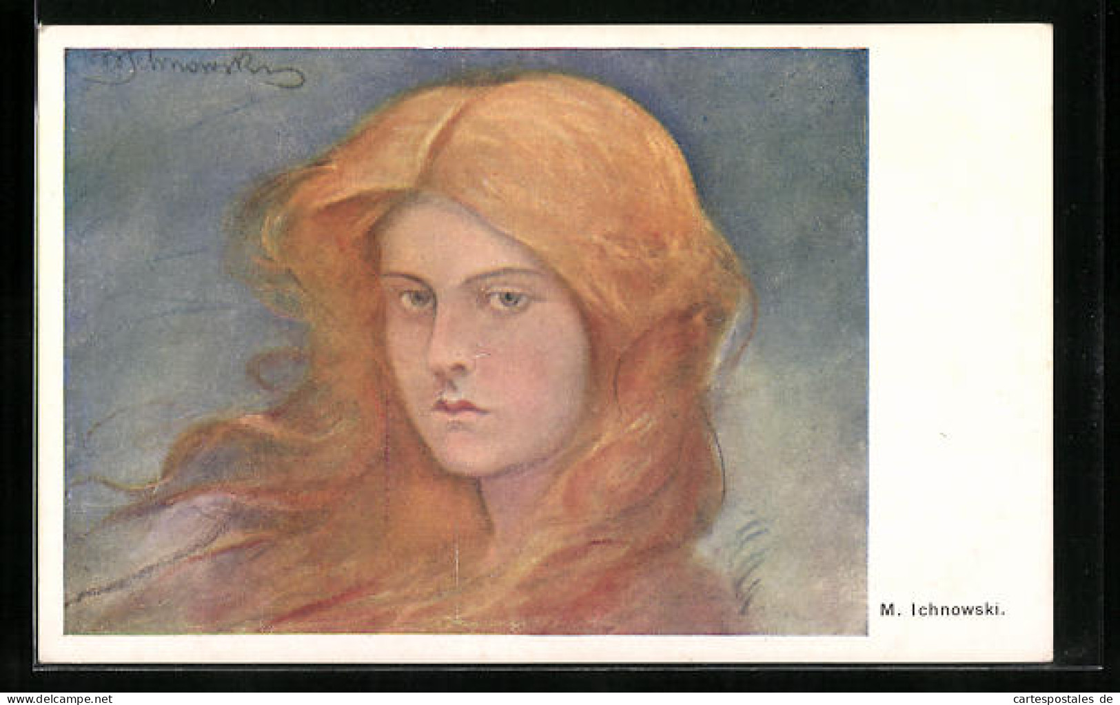 Künstler-AK Sign.: M. Ichnowski, Portrait Einer Jungen Dame Mit Roten Haaren  - Autres & Non Classés