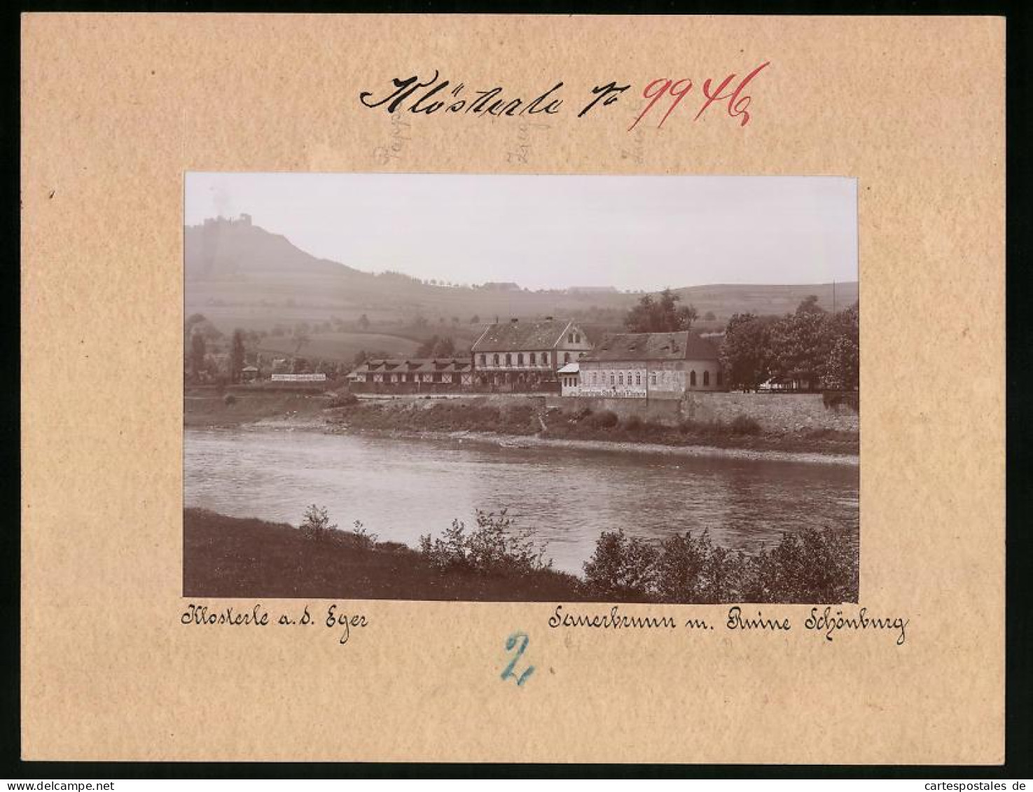 Fotografie Brück & Sohn Meissen, Ansicht Klösterle A. D. Eger, Blick über Die Eger Auf Die Ruine Schönburg U. Saue  - Lieux