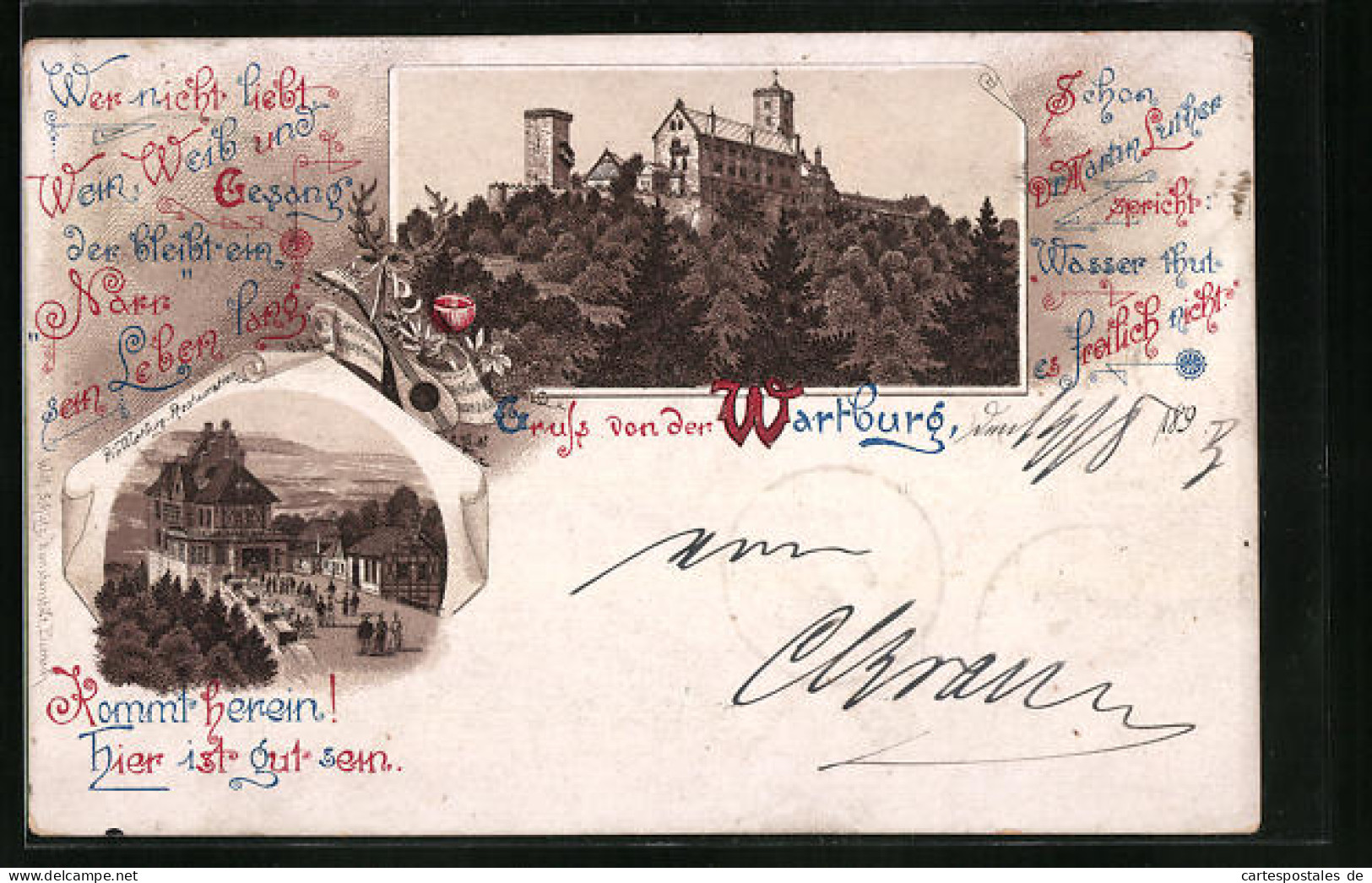 Vorläufer-Lithographie Wartburg B. Eisenach, 1893, Ortsansicht Mit Dem Wartburg-Restaurant  - Autres & Non Classés