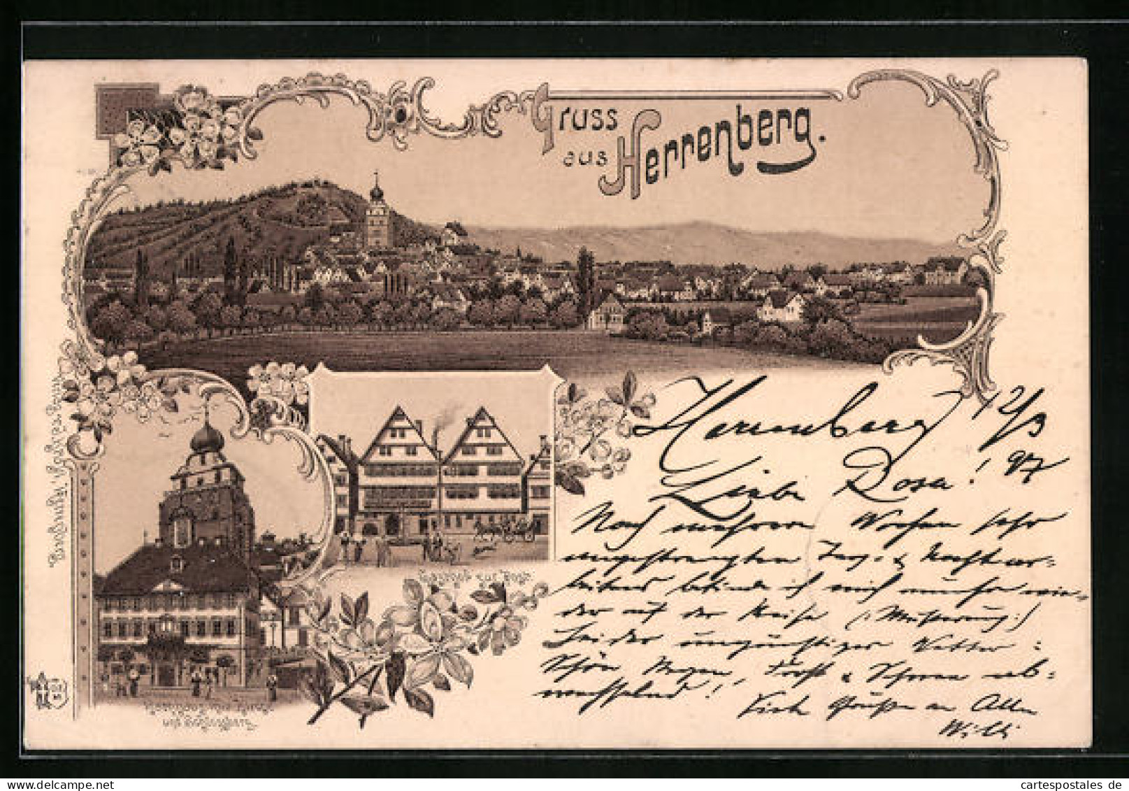 Lithographie Herrenberg, Gasthof Zur Post, Rathaus Mit Kirche Und Schlossberg  - Herrenberg