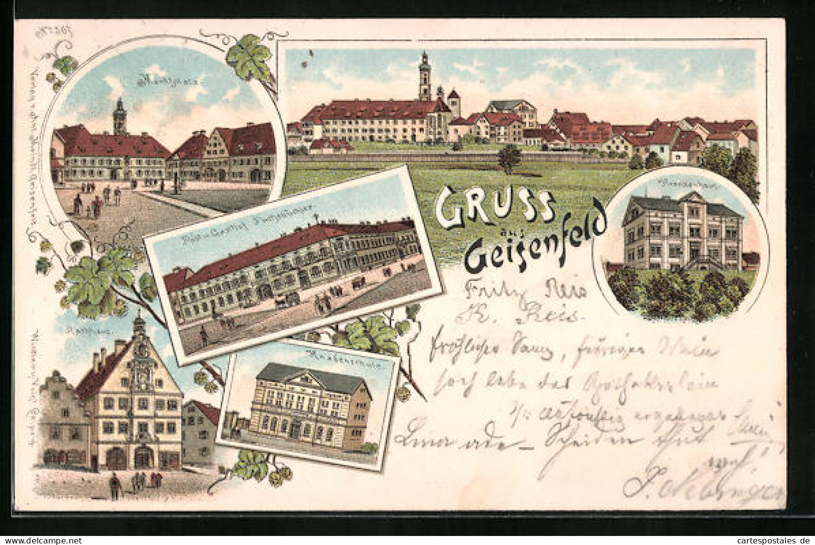 Lithographie Geisenfeld, Post Und Gasthof Fuchsbüchler, Krankenhaus, Knabenschule  - Geisenfeld