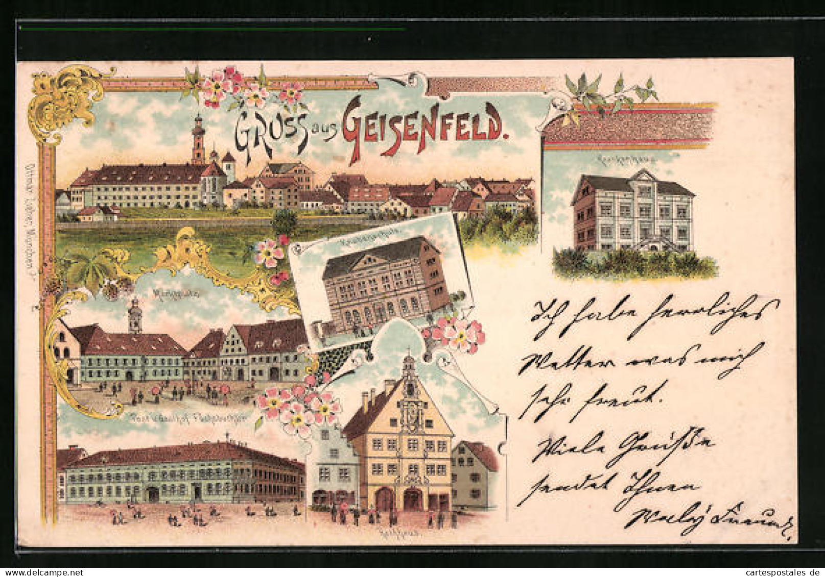 Lithographie Geisenfeld, Post Und Gasthof Fuchsbüchler, Krankenhaus, Knabenschule, Rathaus  - Geisenfeld