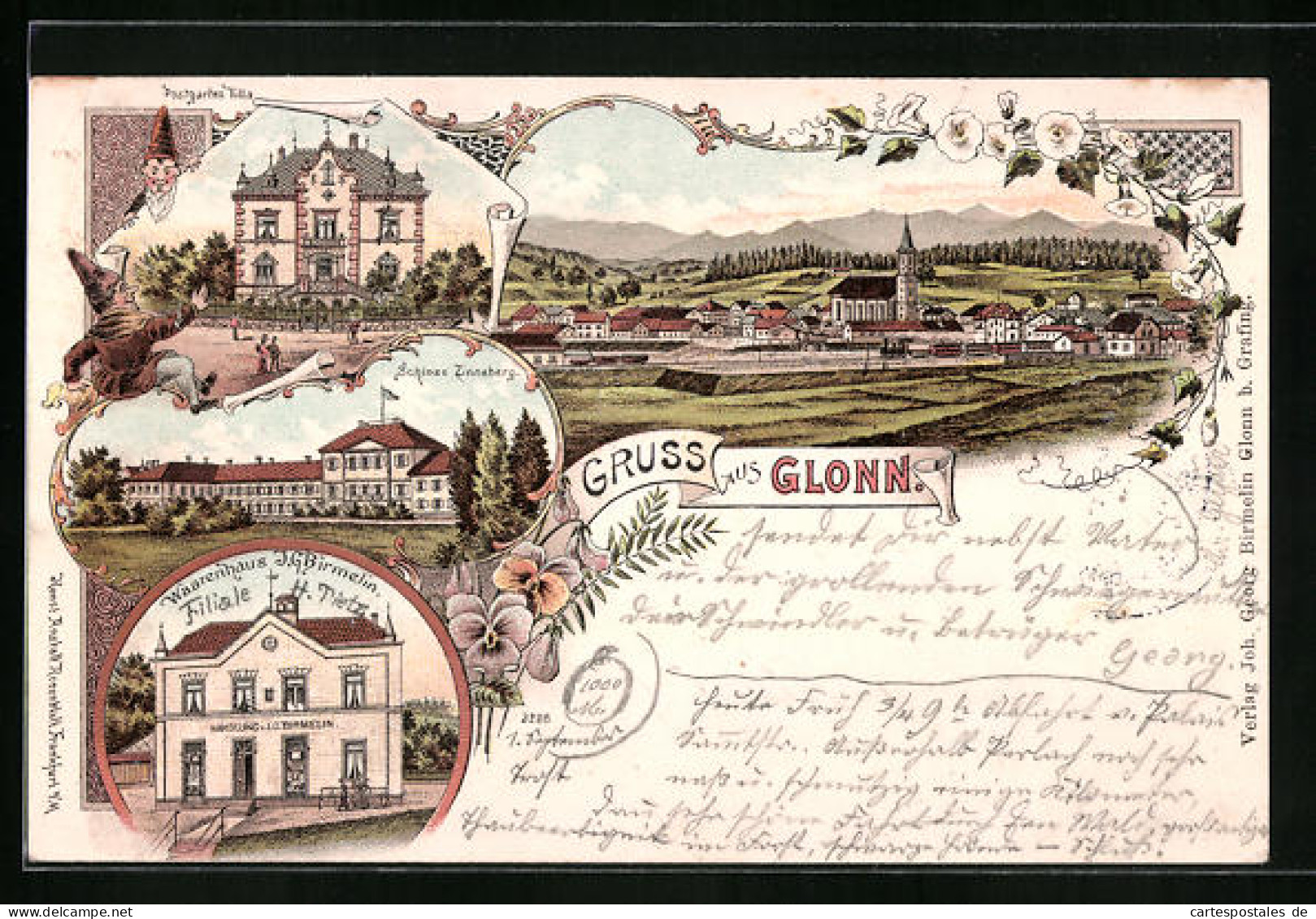 Lithographie Glonn, Warenhaus Von I. G. Birmelin, Postgarten Villa, Schloss Zinneberg  - Glonn