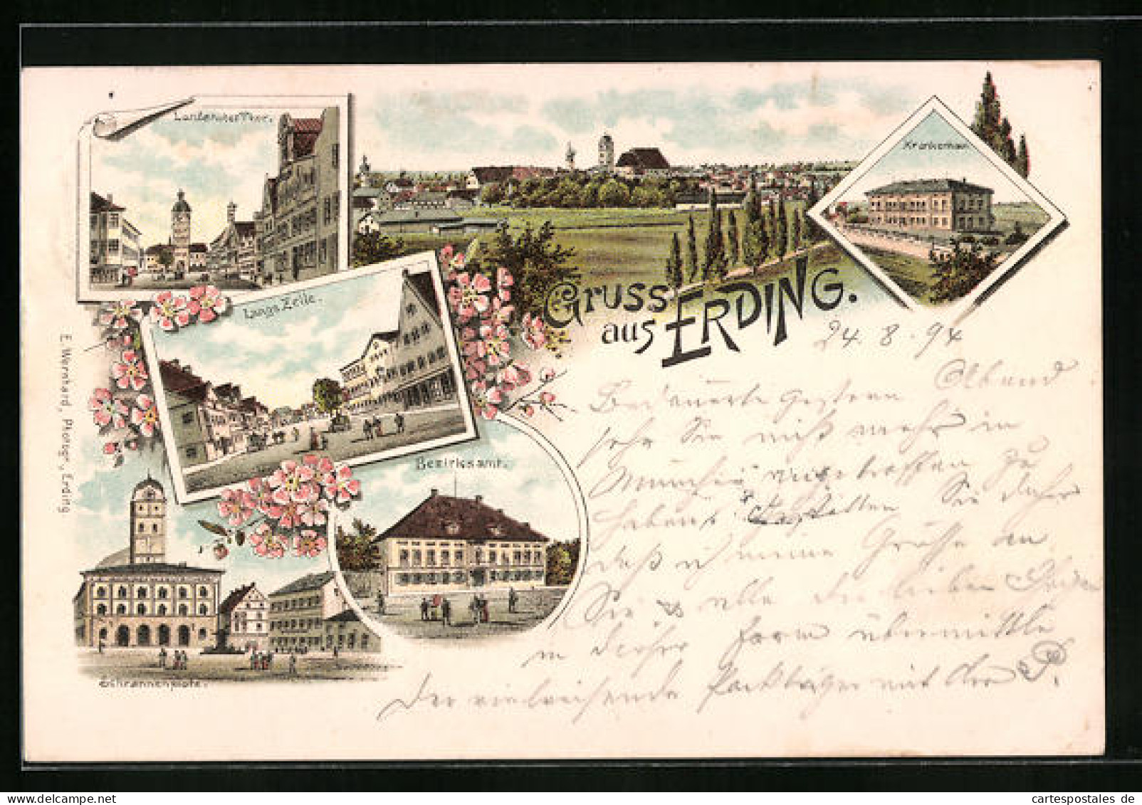 Vorläufer-Lithographie Erding, 1894, Totalansicht, Karnkenhaus, Schrannenplatz, Bezirksamt, Lange Zeile  - Erding