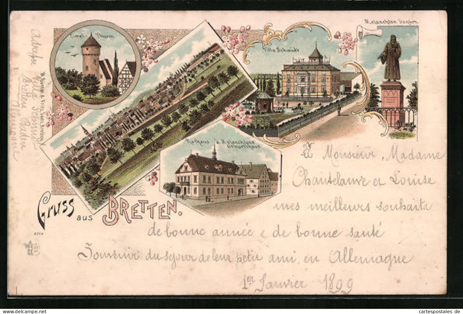 Lithographie Bretten, Rathaus & Melanchton-Geburtshaus, Villa Schmidt, Totalansicht  - Bretten