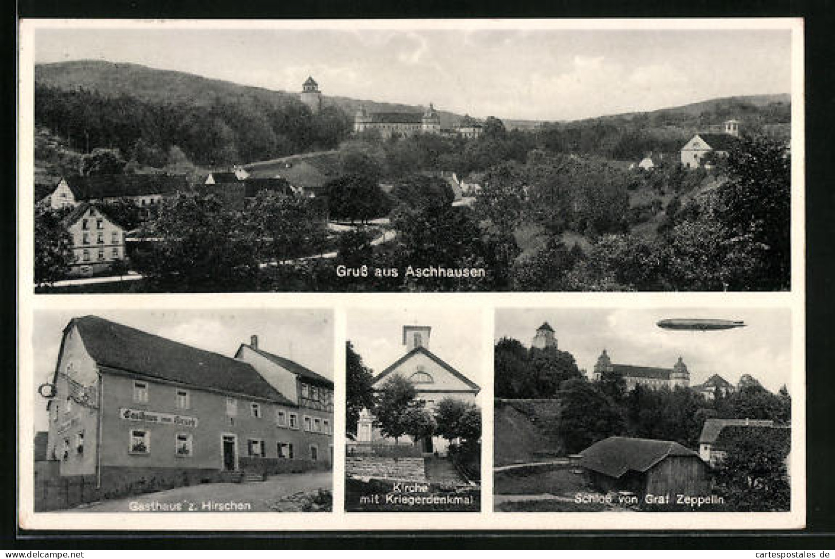 AK Aschhausen, Ortsansicht Aus Der Vogelschau, Gasthaus Zum Hirschen, Schloss Von Graf Zeppelin, Zeppelin  - Luchtschepen