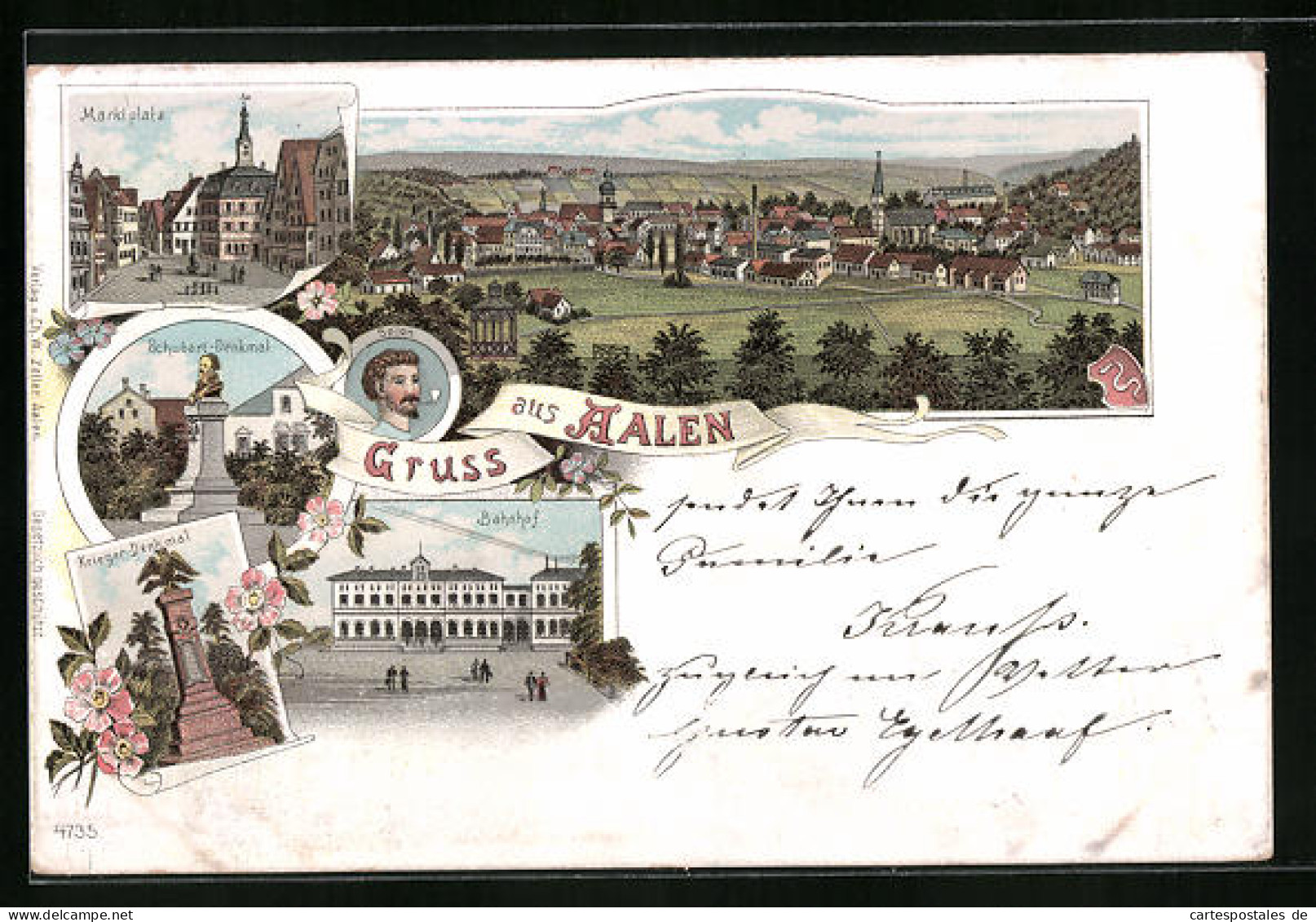 Lithographie Aalen, Kriegerdenkmal, Bahnhof, Schubart-Denkmal, Marktplatz  - Aalen