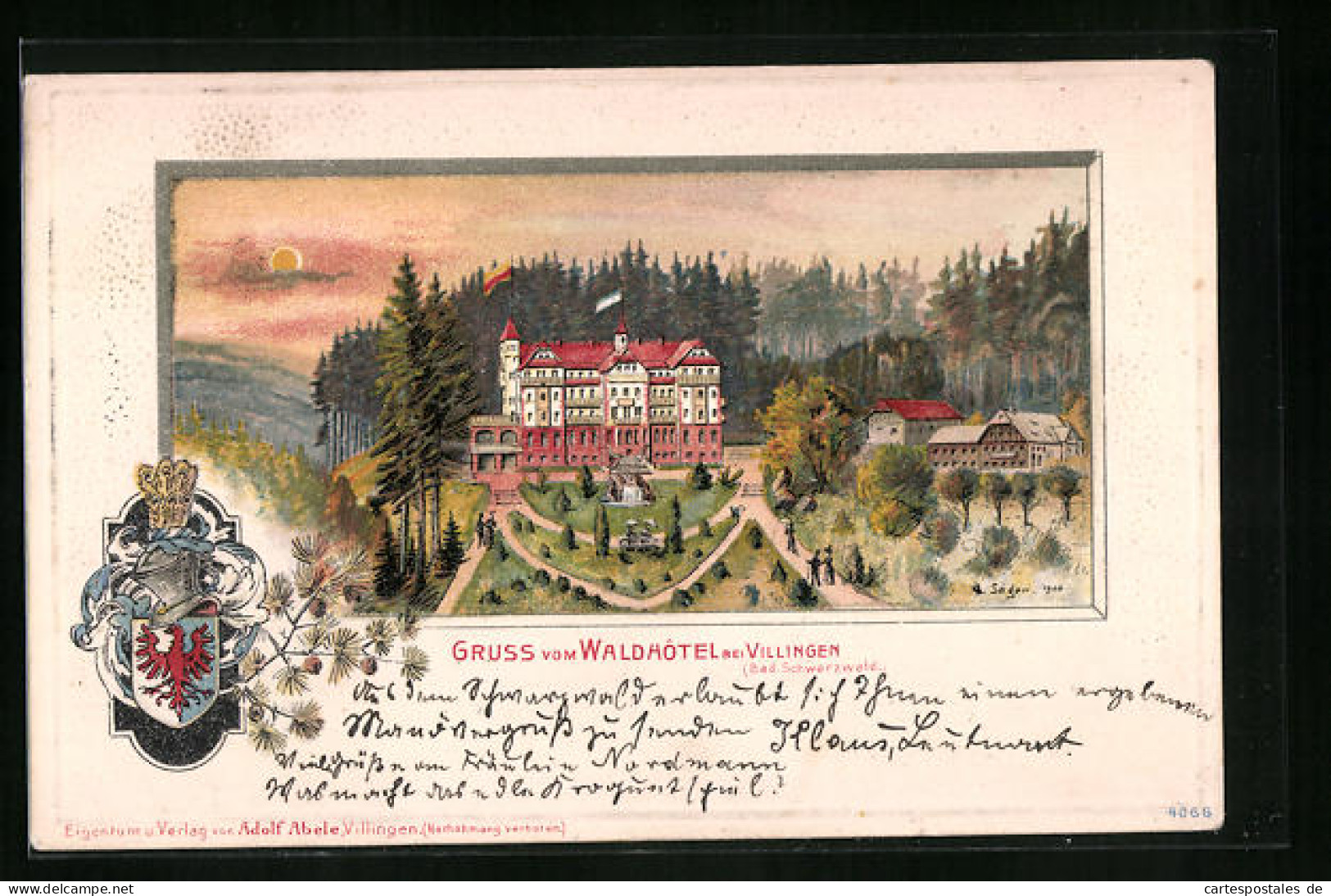 Passepartout-Lithographie Villingen /Bad. Schwarzwald, Waldhotel Aus Der Ferne, Wappen  - Autres & Non Classés