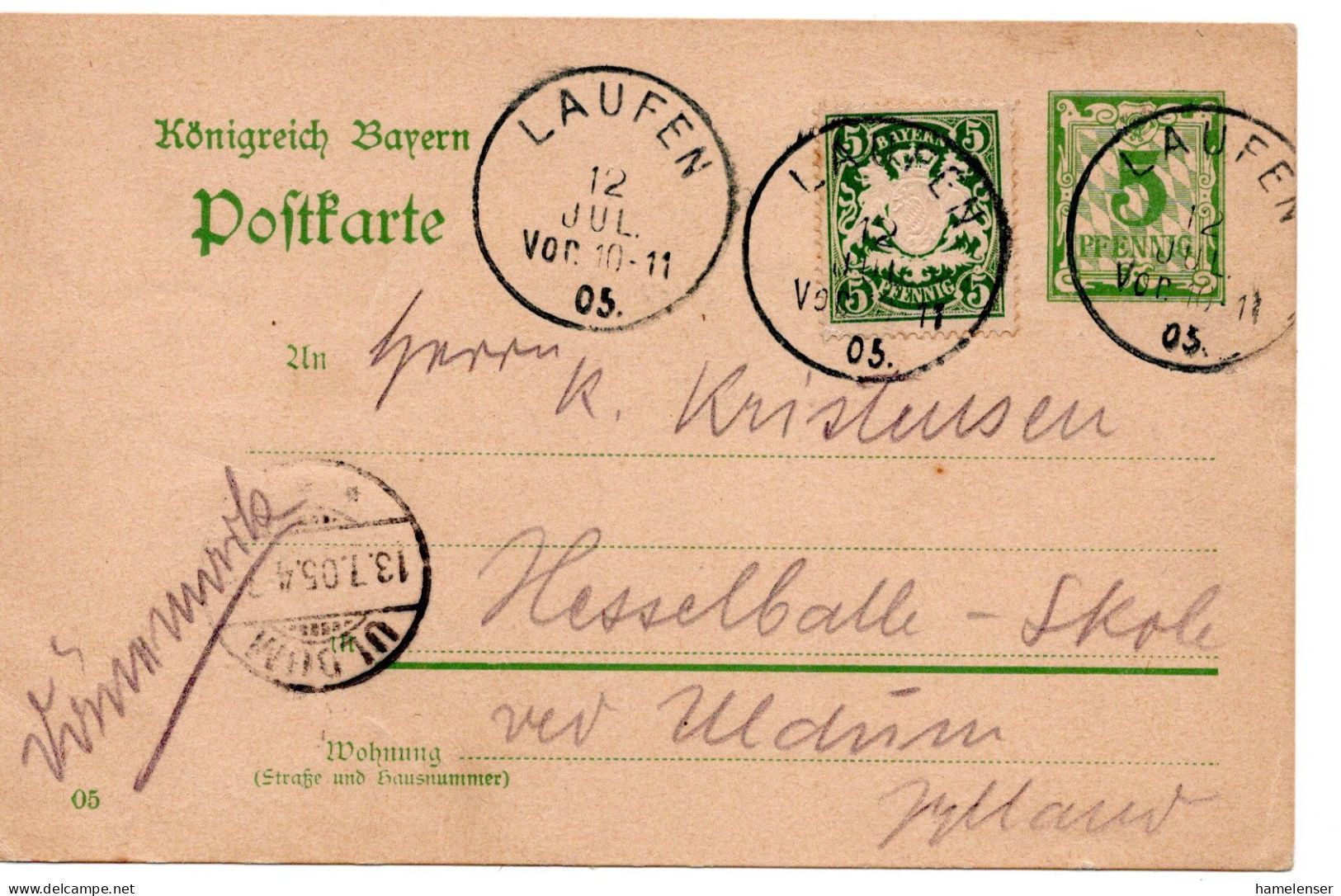 64382 - Altdeutschland / Bayern - 1905 - 5Pfg Rauten M ZusFrankatur LAUFEN -> ULDUM (Daenemark) - Covers & Documents