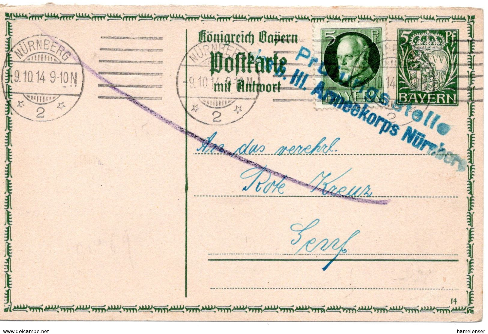 64392 - Altdeutschland / Bayern - 1914 - 5Pfg Wappen GAAntwKte (Frageteil) M ZusFrank NUERNBERG -> Schweiz, M ZensStpl - Covers & Documents