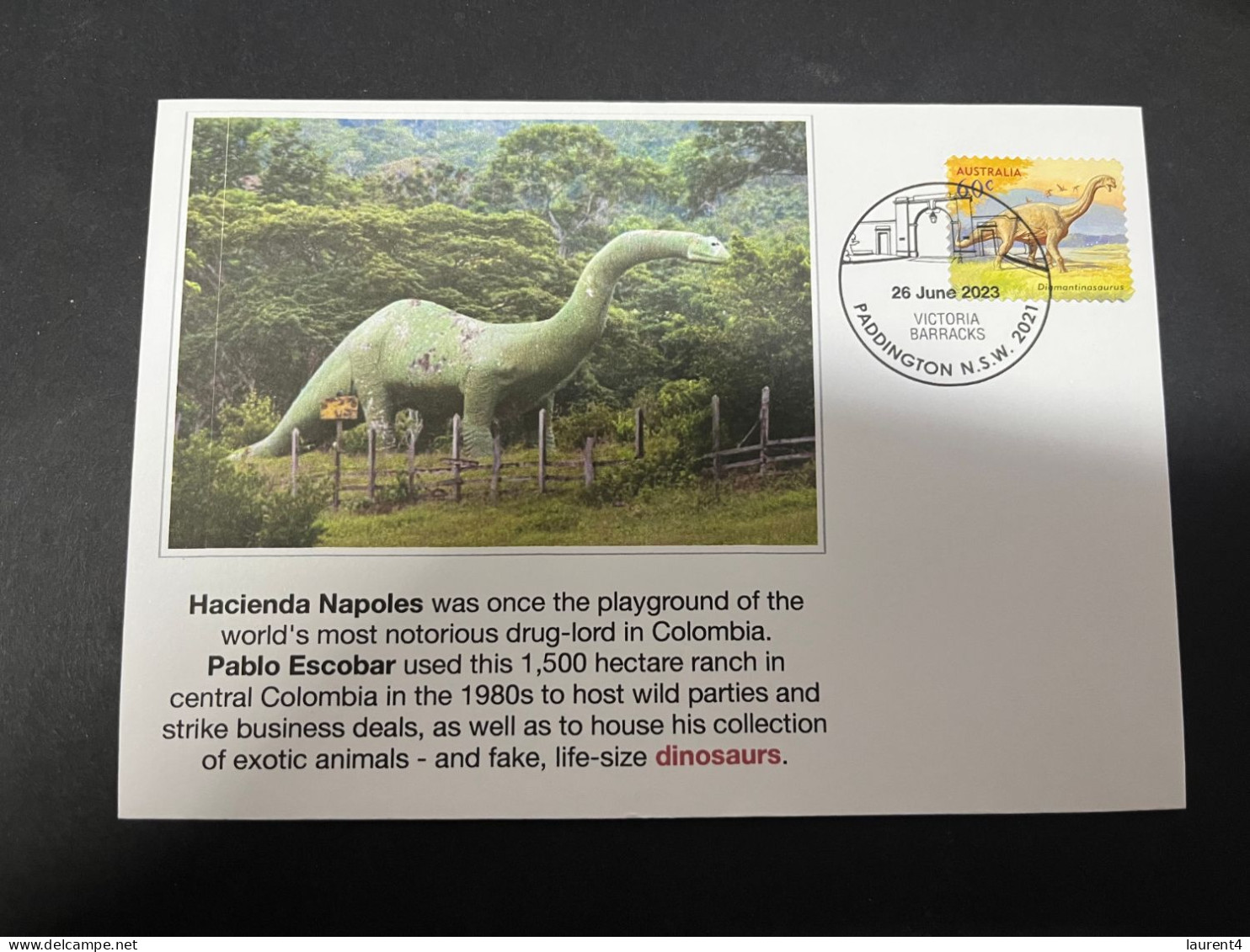 17-5-2024 (5 Z 23)  Dinoaur Stamp - Hacienda Napoles (Pablo Escobar Drug Lord Residence In Colombia) - Préhistoriques