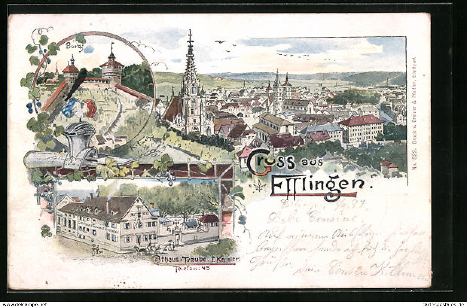 Lithographie Esslingen, Gasthaus Zur Traube, Burg, Gesamtansicht  - Esslingen