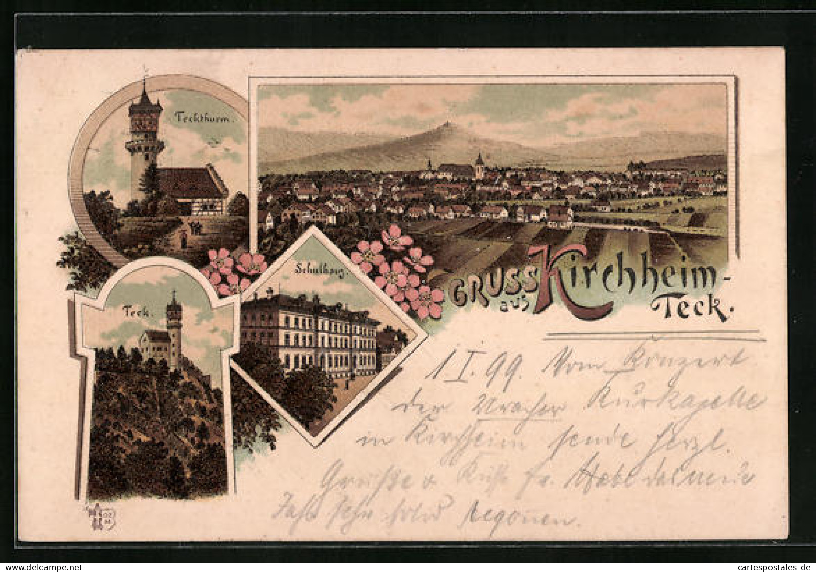 Lithographie Kirchheim /Teck, Teckturm, Schulhaus, Totalansicht  - Kirchheim