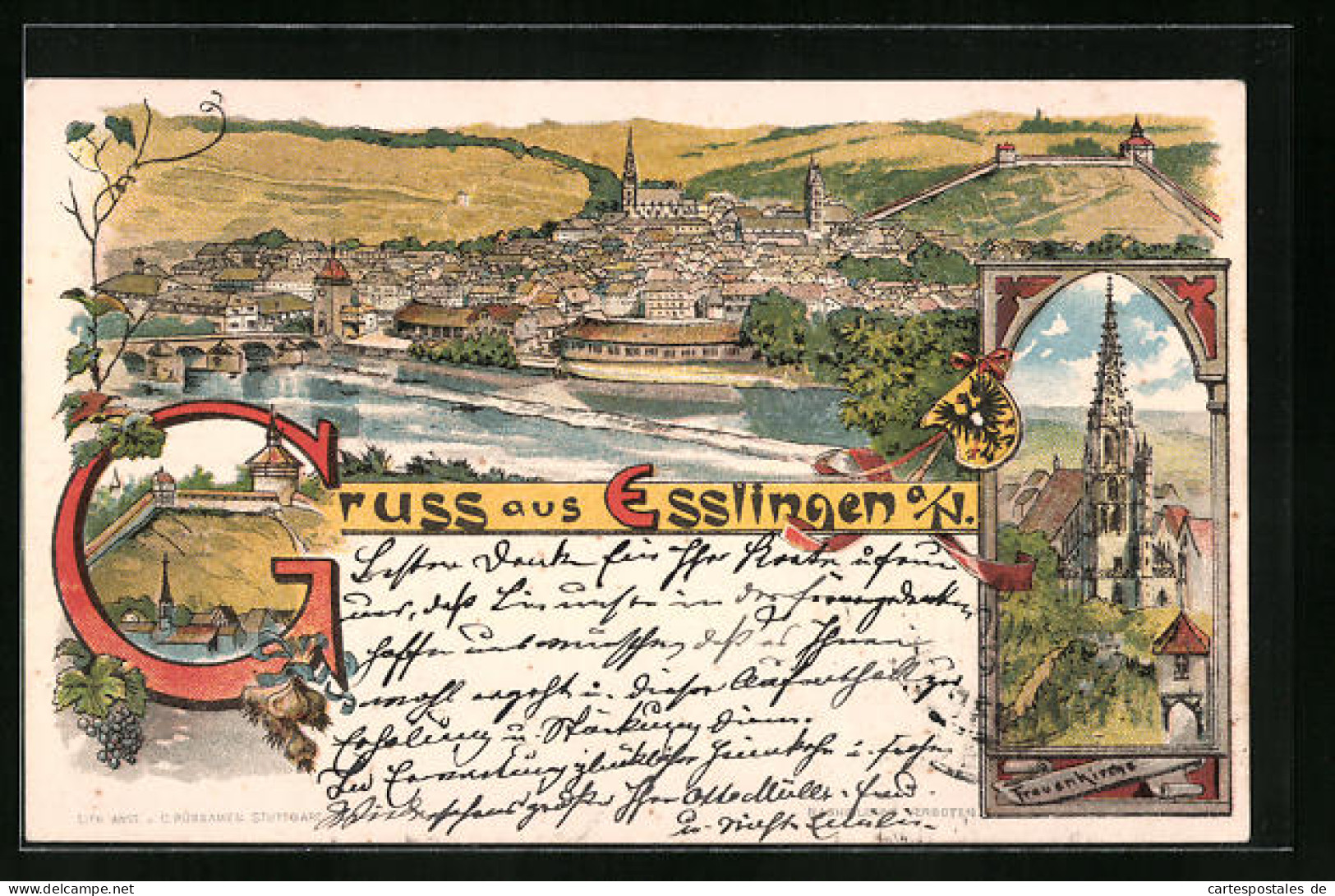 Lithographie Esslingen A. N., Teilansicht, Frauenkirche, Ortspartie  - Esslingen