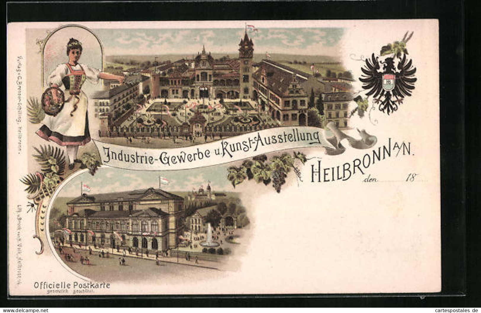 Lithographie Heilbronn A. N., Industrie-Gewerbe U. Kunst-Ausstellung Mit Dame In Tracht  - Expositions