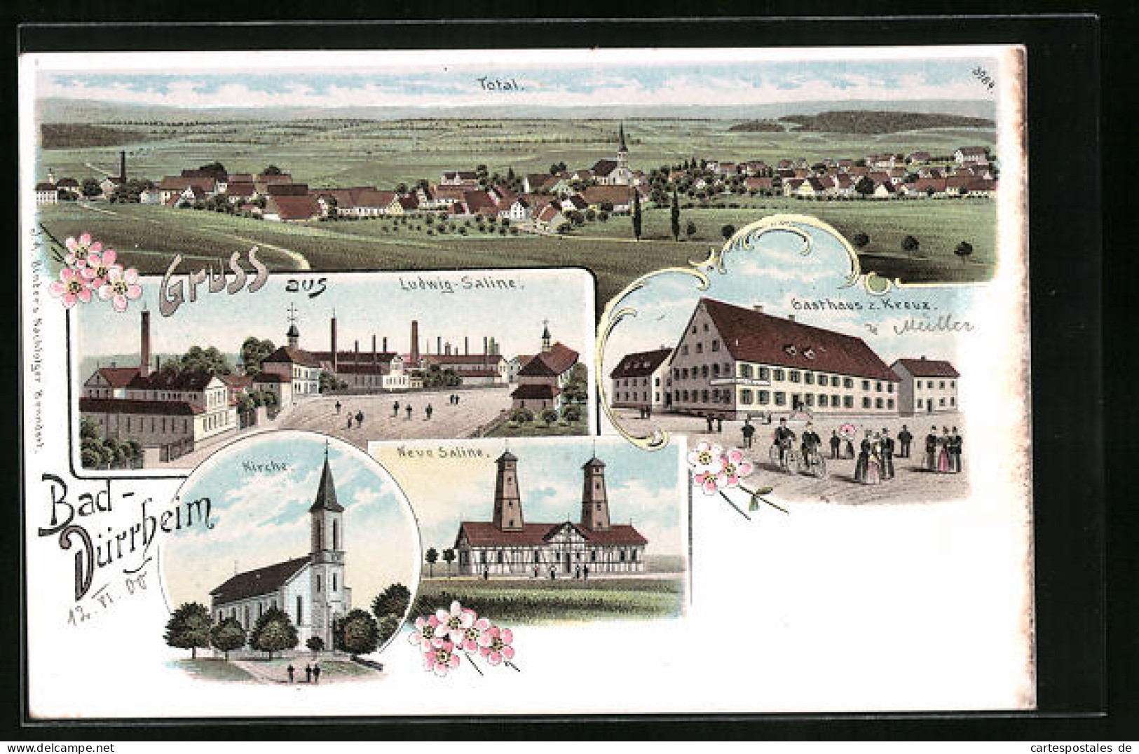 Lithographie Bad-Dürrheim, Totalansicht Mit Kirche Und Gasthaus Z. Kreuz  - Bad Duerrheim