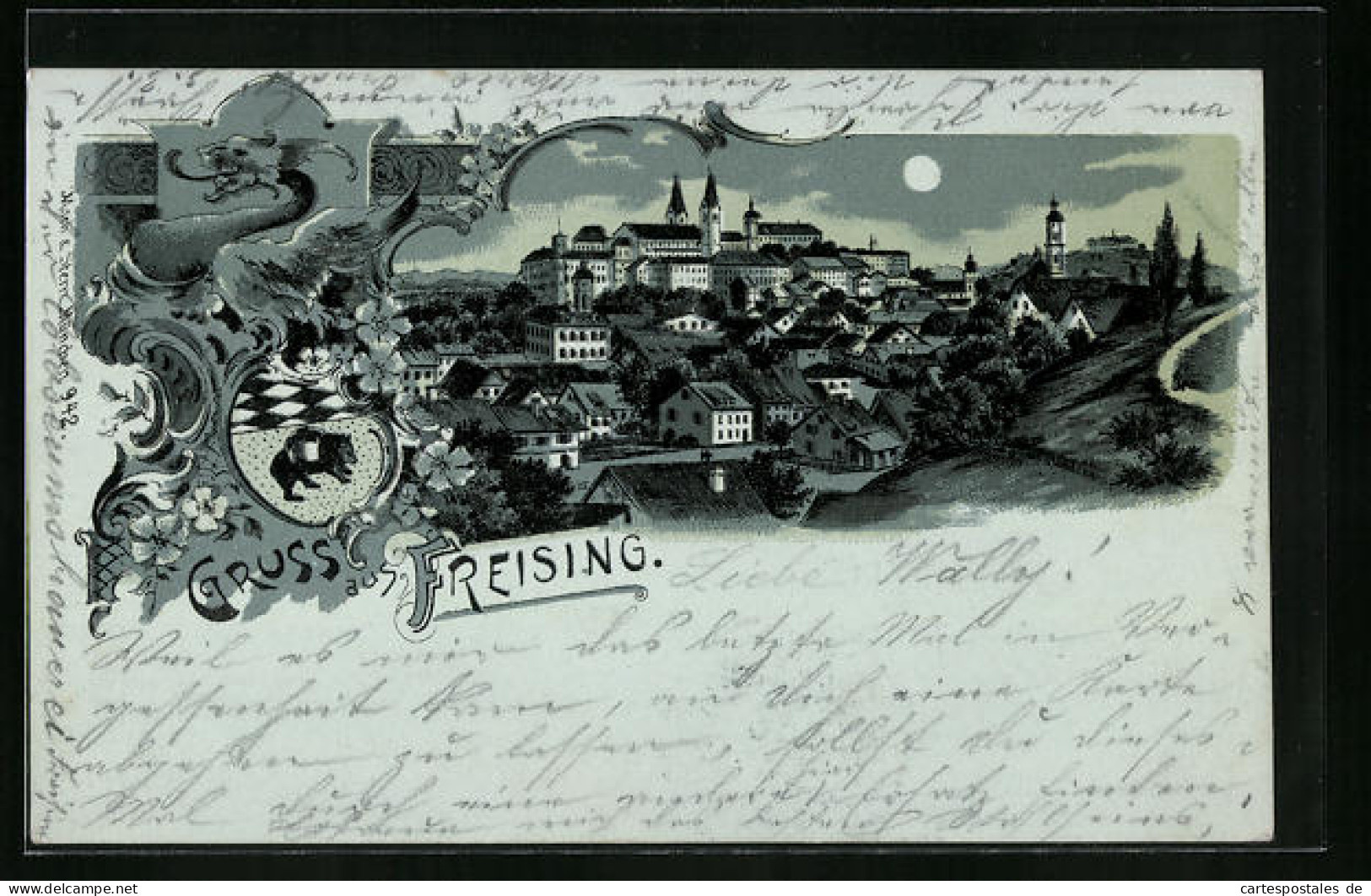 Mondschein-Lithographie Freising, Ortsansicht Mit Wappen  - Freising