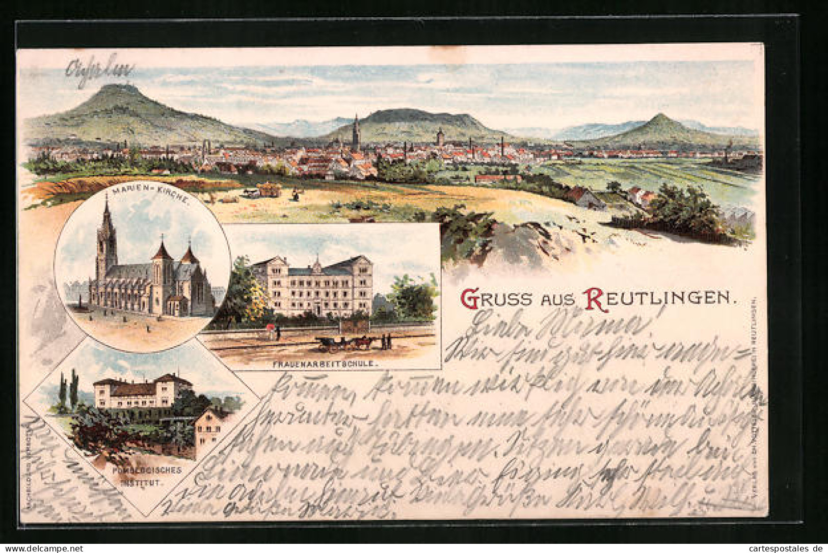 Lithographie Reutlingen, Ortsansicht Mit Marien-Kirche Und Frauenarbeitsschule  - Reutlingen