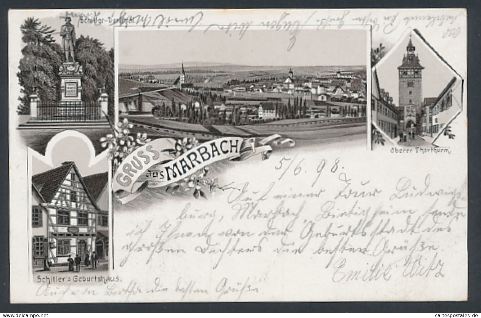 Lithographie Marbach, Totalansicht Mit Schiller-Denkmal Und Schiller`s Geburtshaus  - Marbach