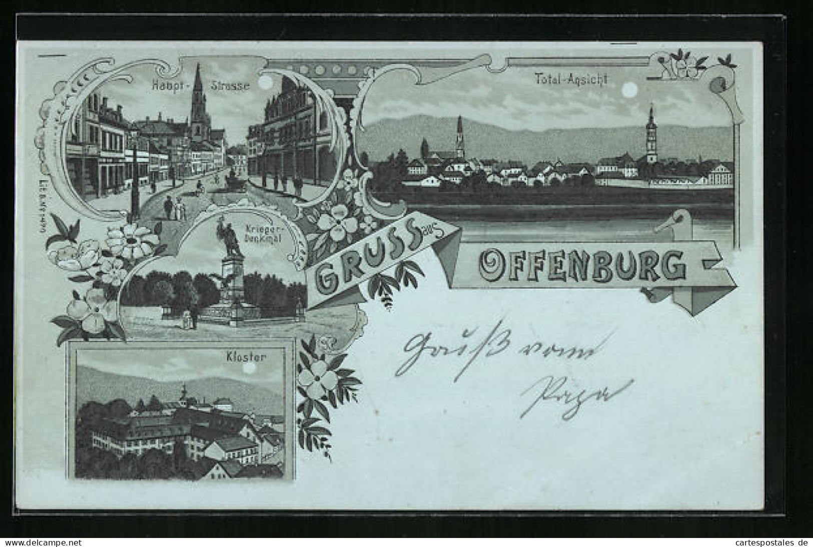 Mondschein-Lithographie Offenburg, Totalansicht Mit Hauptstrasse Und Kloster  - Offenburg