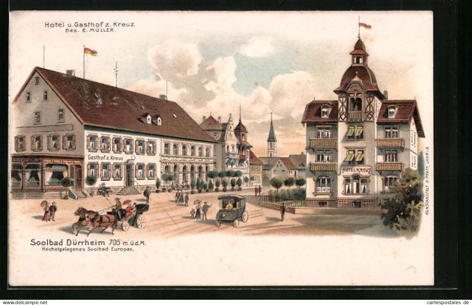 Lithographie Dürrheim, Ortsansicht Mit Hotel Und Gasthof Z. Kreuz  - Bad Duerrheim