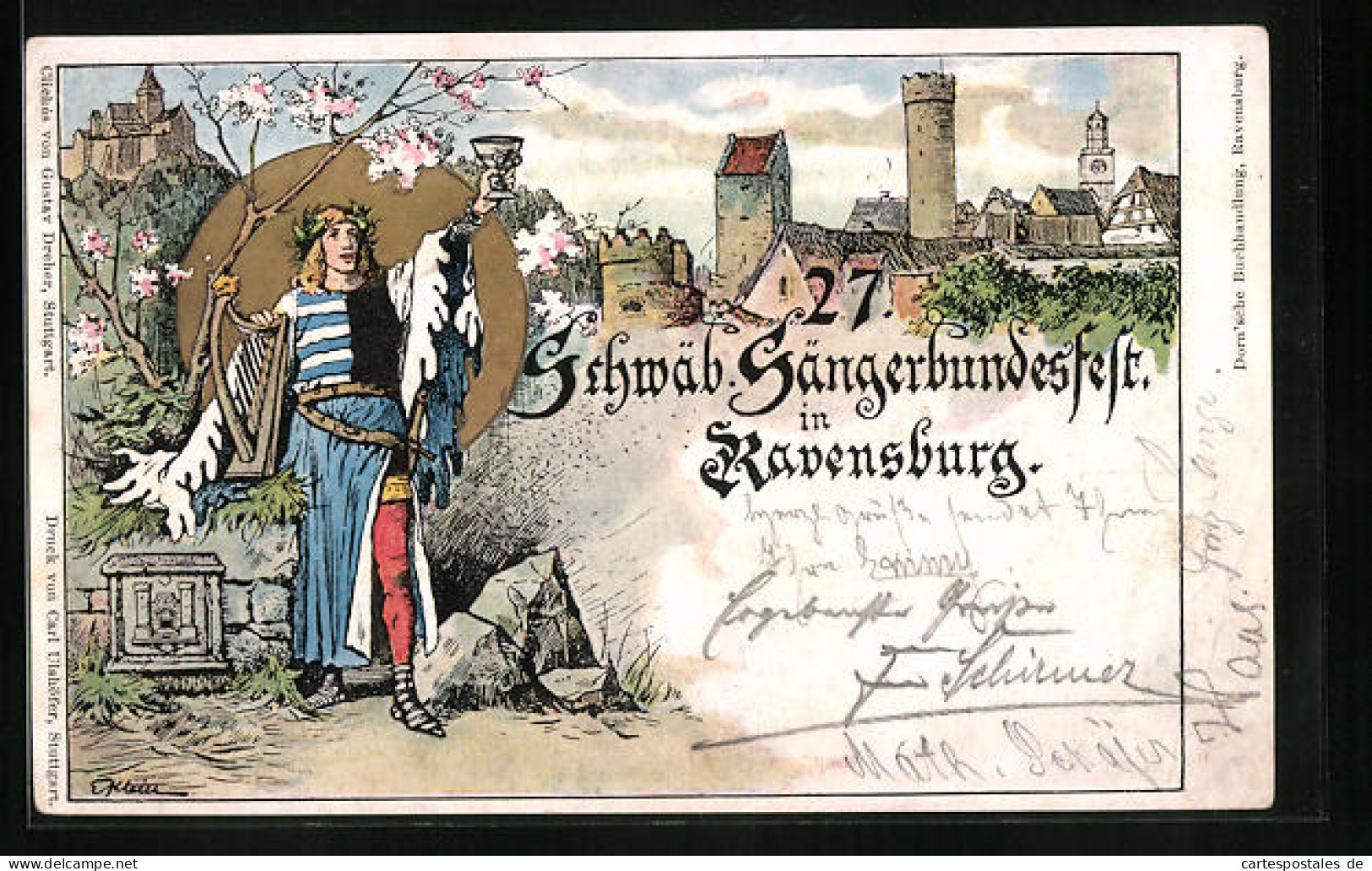 Lithographie Ganzsache PP27C51 /02: Ravensburg, 27. Schwäbisches Sängerbundesfest 1904, Sänger Mit Siegerpokal  - Briefkaarten