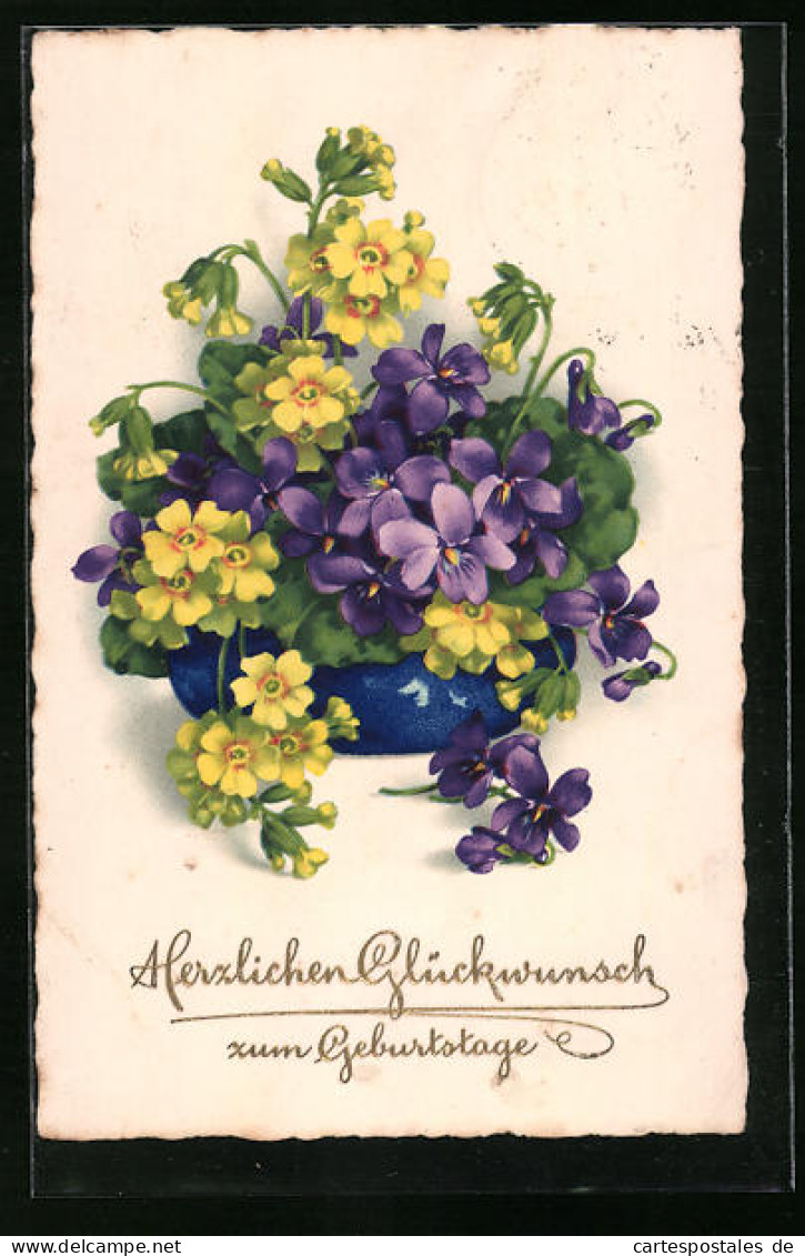 Künstler-AK Topf Mit Gelben Und Blauen Blumen  - Other & Unclassified