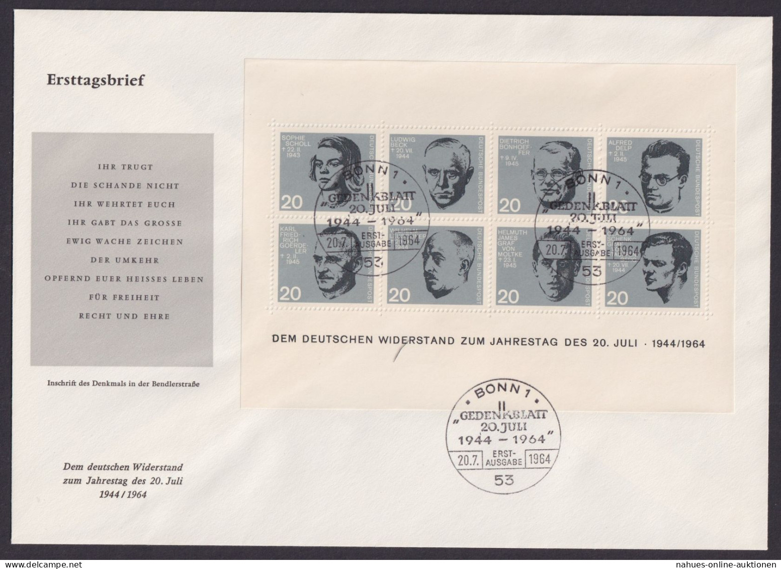 Bund Block 3 Widerstand Luxus Brief Als FDC Bonn 20.7.1964 Kat.-Wert 100,00 - Briefe U. Dokumente