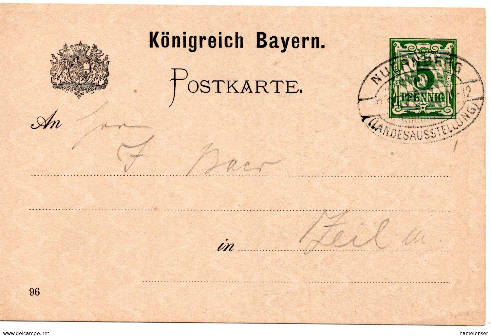 64397 - Altdeutschland / Bayern - 1896 - 5Pfg GASoKte "Landesausstellug" SoStpl NUERNBERG LANDESAUSSTELLUNG -> Zeil - Covers & Documents